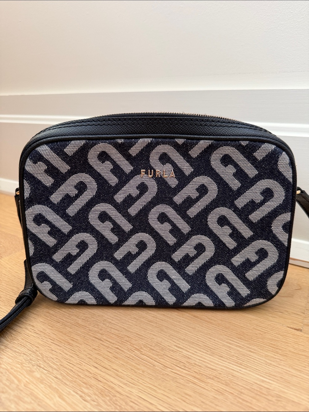 Furla Black and Gray Jacquard Crossbody Logo Bag